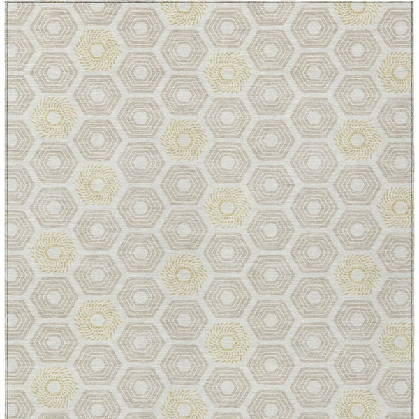 Ivory and beige geometric washable area rug with hexagon line pattern