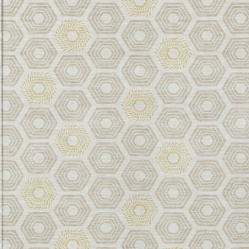 Ivory and beige geometric area rug with repeating hexagon outlines and yellow accents