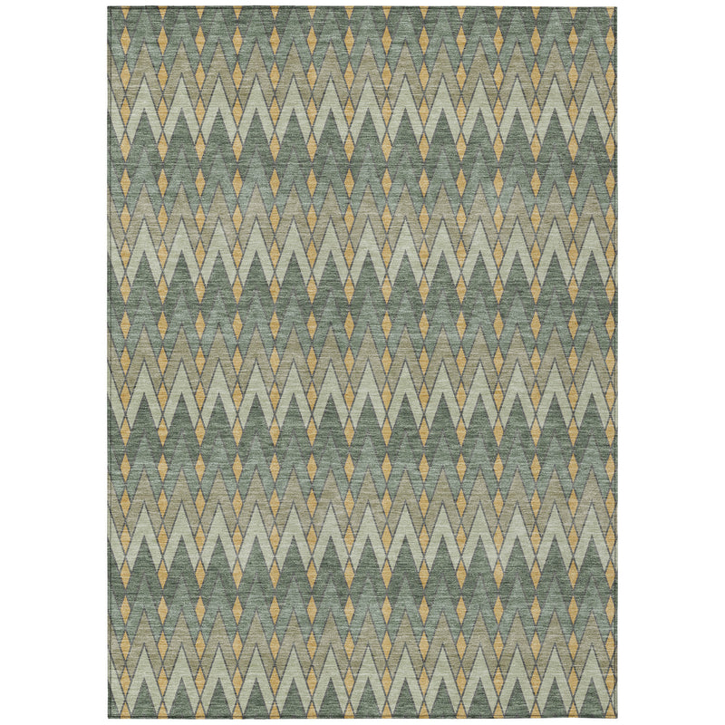 Full rectangle view of green geometric area rug with gold and ivory zigzag diamonds.