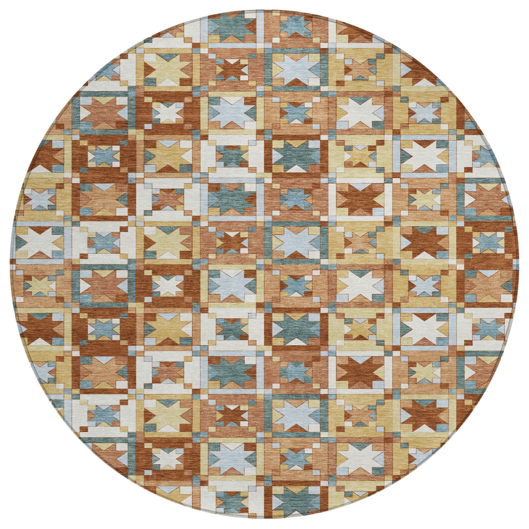 8' Orange And Copper Round Patchwork Washable Indoor Outdoor Area Rug - Sports & Outdoor