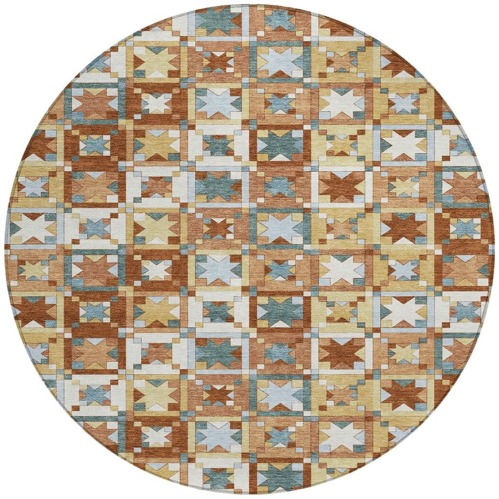 8' Orange And Copper Round Patchwork Washable Indoor Outdoor Area Rug - Sports & Outdoor