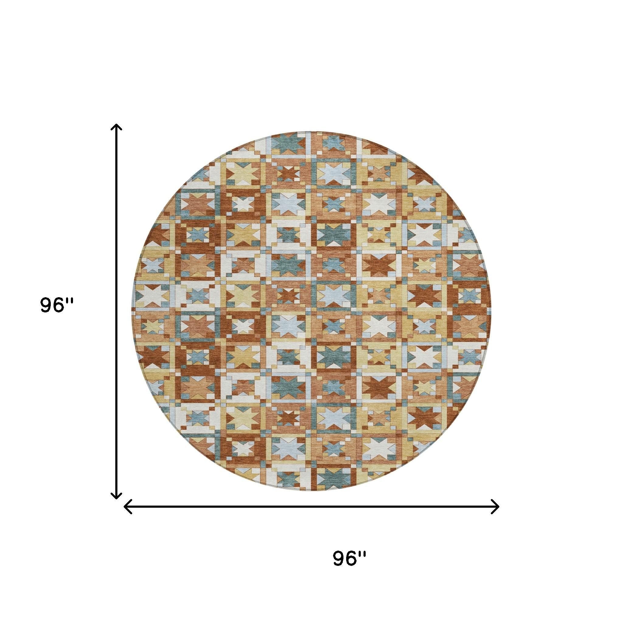 8' Orange And Copper Round Patchwork Washable Indoor Outdoor Area Rug - Sports & Outdoor