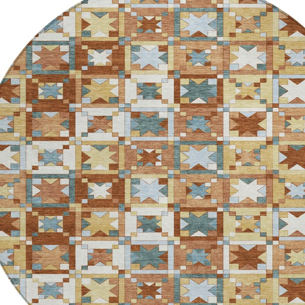 8' Orange And Copper Round Patchwork Washable Indoor Outdoor Area Rug - Sports & Outdoor