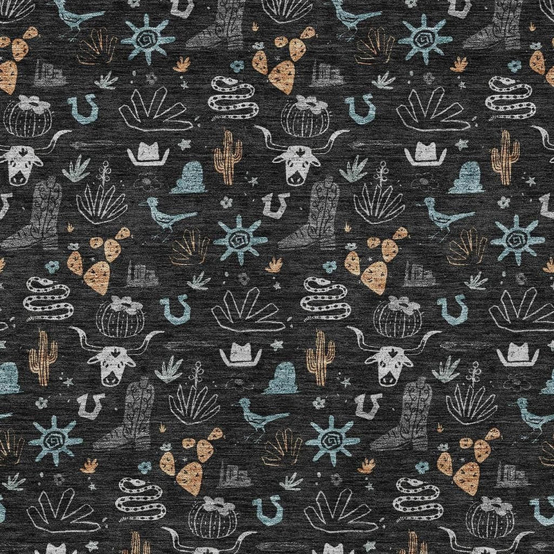 Black cactus-themed area rug with teal, tan, and white doodle pattern in repeating layout