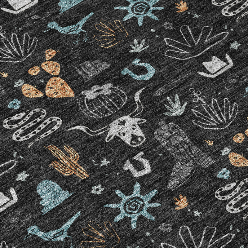 Black area rug close-up with teal blue and tan cactus, star, and outline motifs
