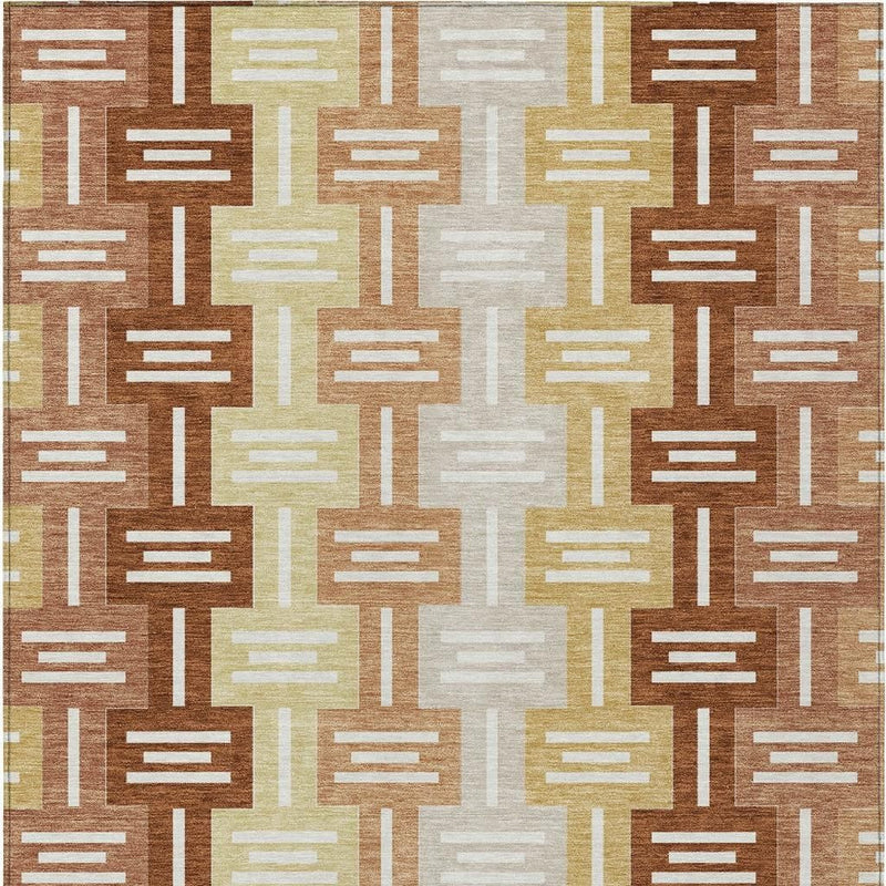 Geometric area rug top view with brown, copper, beige, and white repeating lines