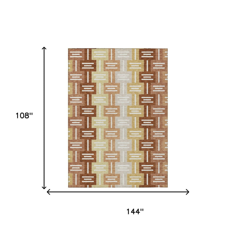 Geometric area rug layout view with brown, copper, beige, and white repeating pattern