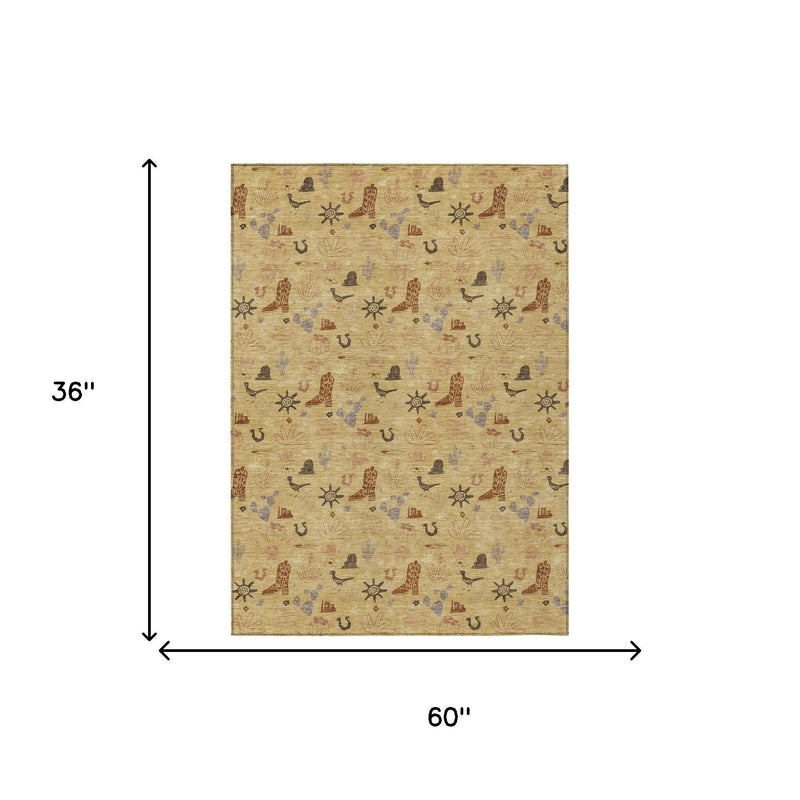 Area rug, 60 in x 36 in, gold with repeating desert icon pattern.