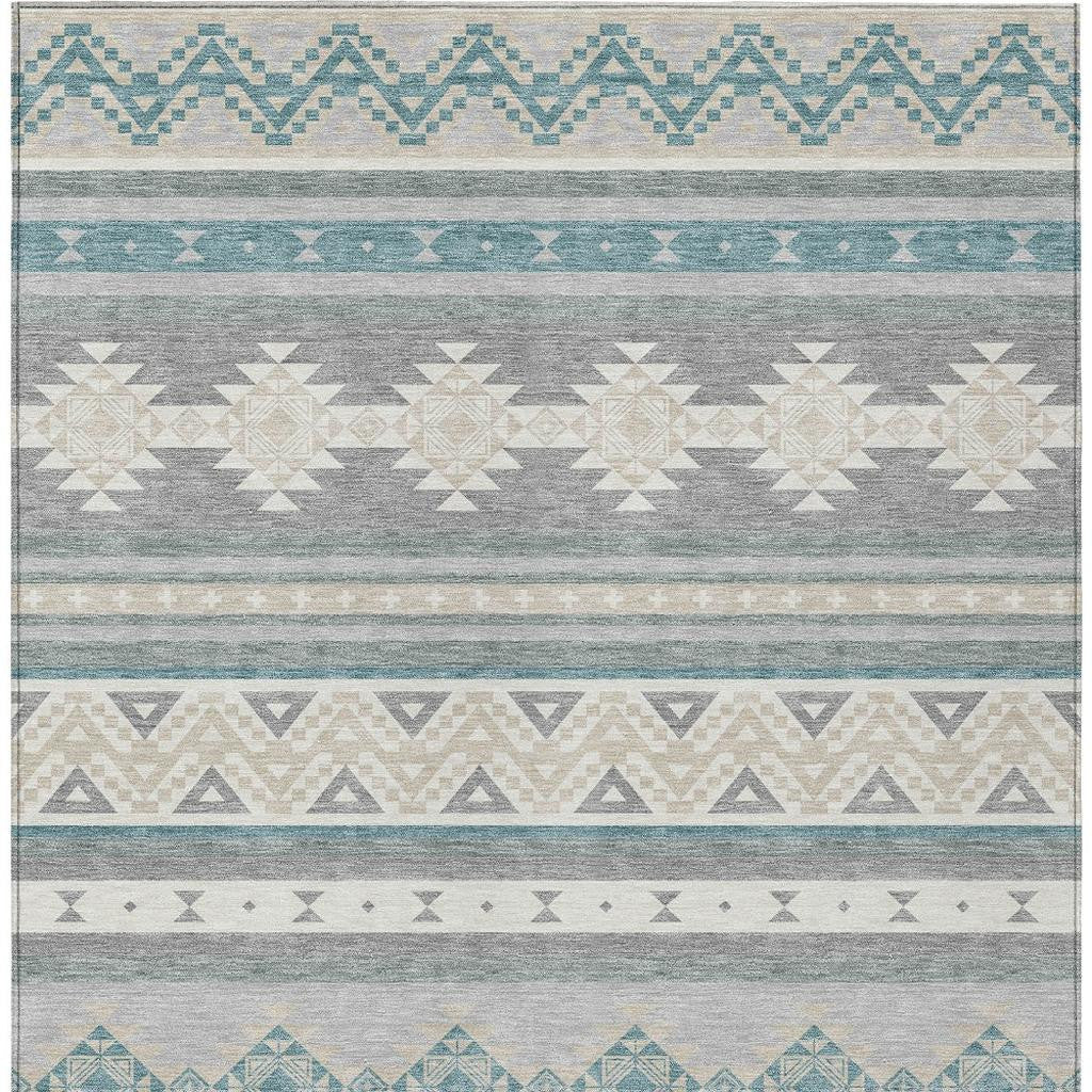 3' X 5' Silver And Teal Blue Southwestern Washable Indoor Outdoor Area Rug - Sports & Outdoor