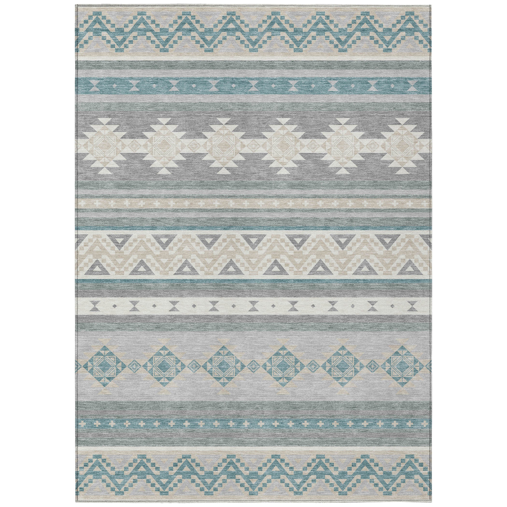 3' X 5' Silver And Teal Blue Southwestern Washable Indoor Outdoor Area Rug - Sports & Outdoor