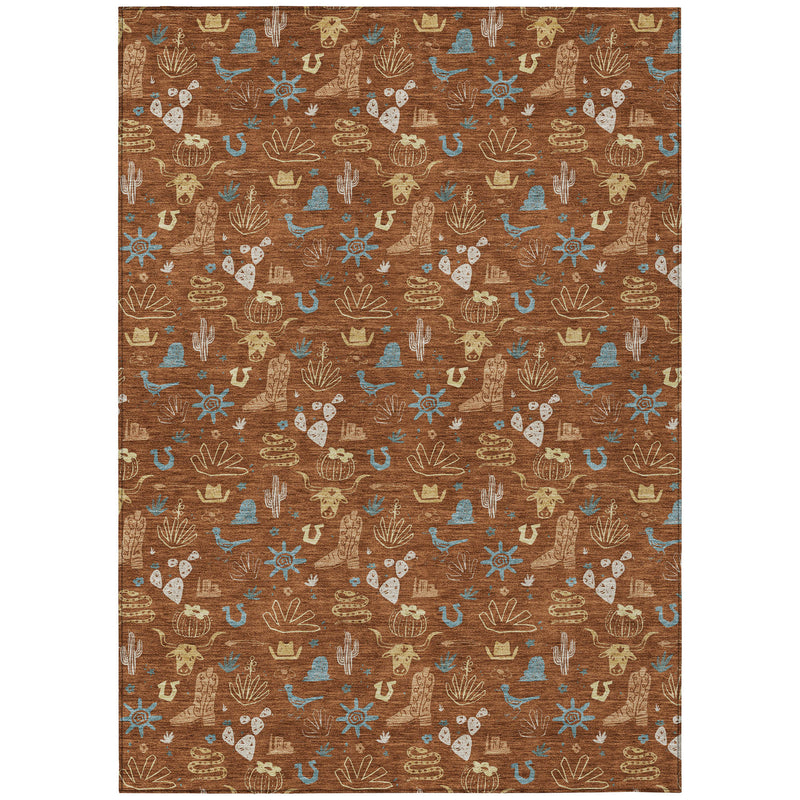 Full view orange and copper area rug with repeating cactus and desert icons