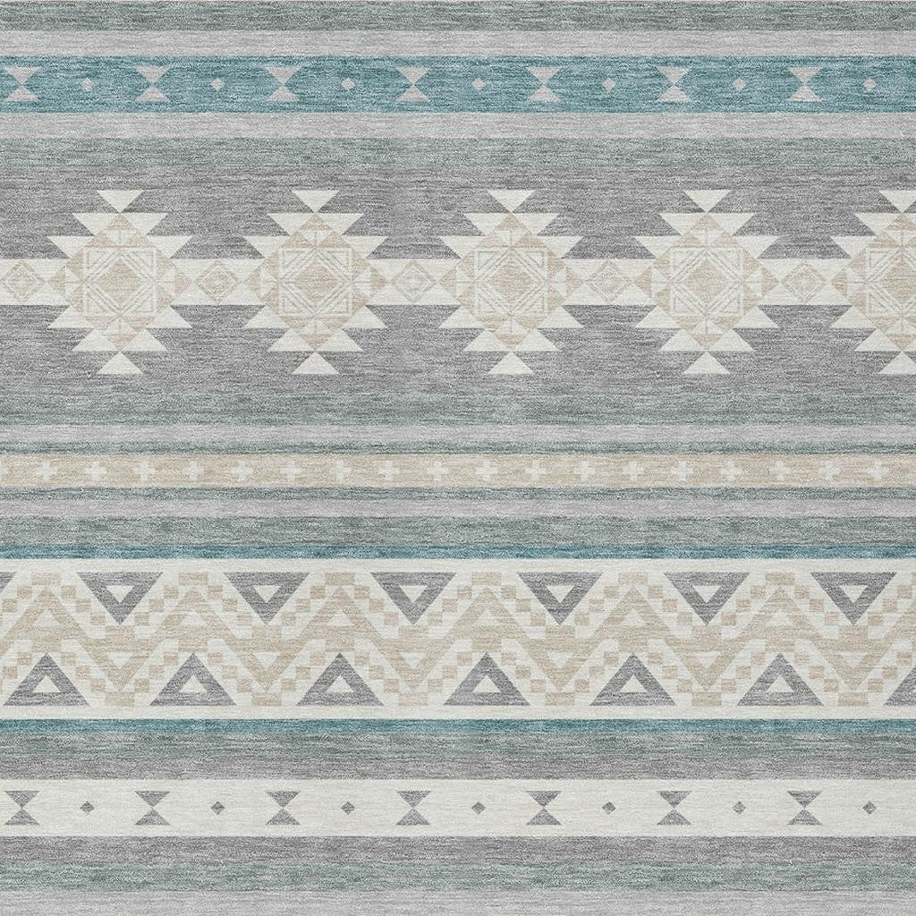 3' X 5' Silver And Teal Blue Southwestern Washable Indoor Outdoor Area Rug - Sports & Outdoor