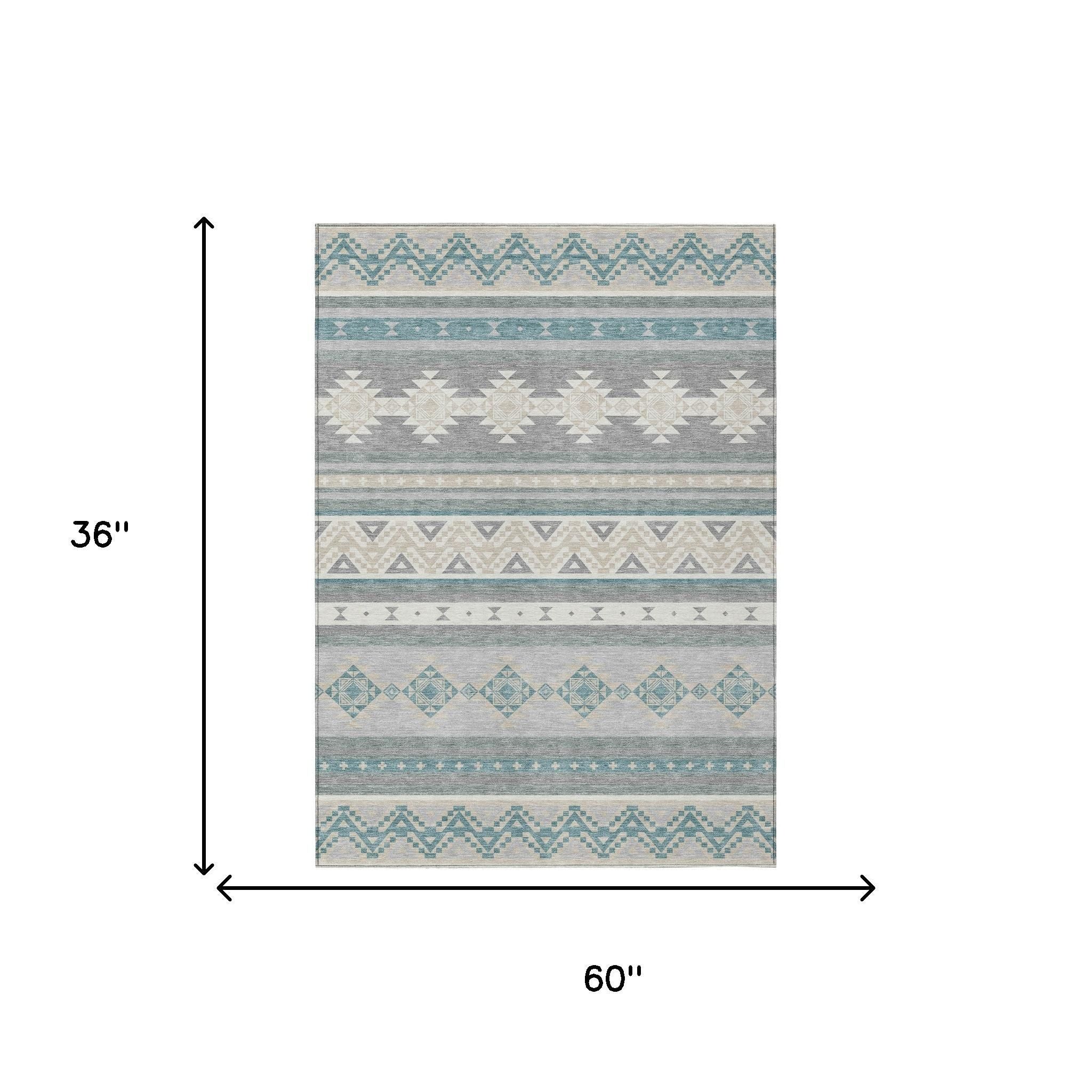 3' X 5' Silver And Teal Blue Southwestern Washable Indoor Outdoor Area Rug - Sports & Outdoor