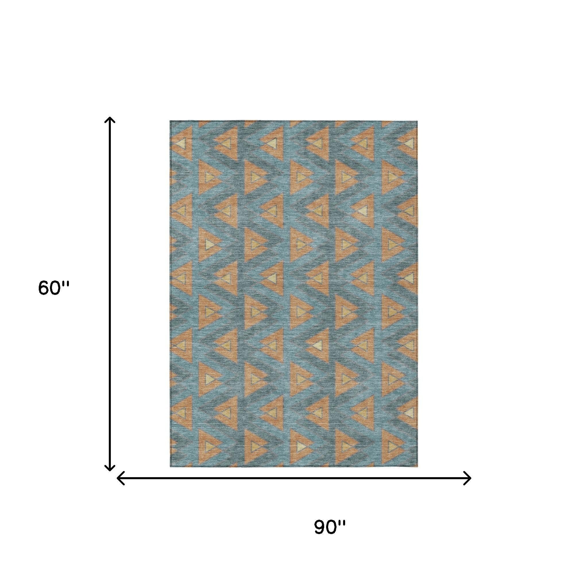5' X 8' Teal Blue And Copper Geometric Washable Indoor Outdoor Area Rug - Outdoor | blocked-missing-media,…