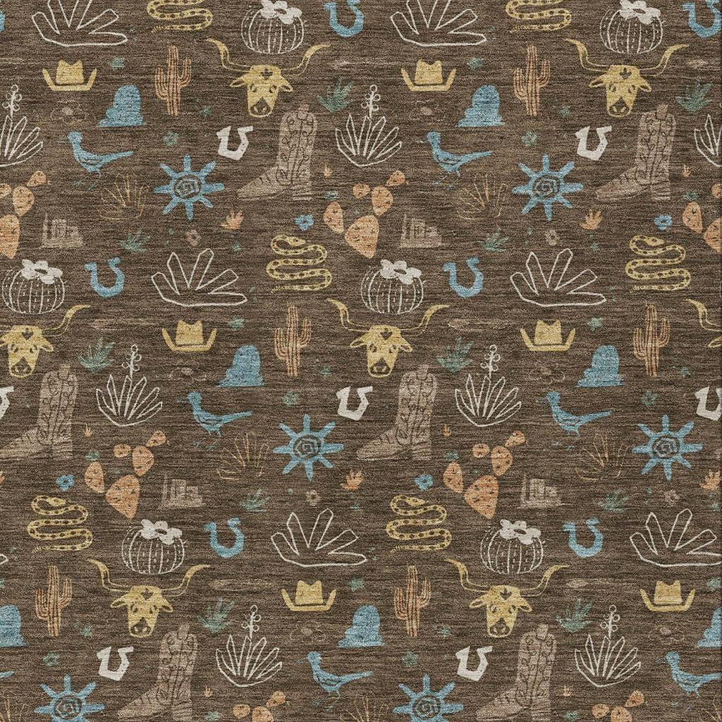 Chocolate-brown area rug with colorful cactus and desert icon pattern in teal and tan