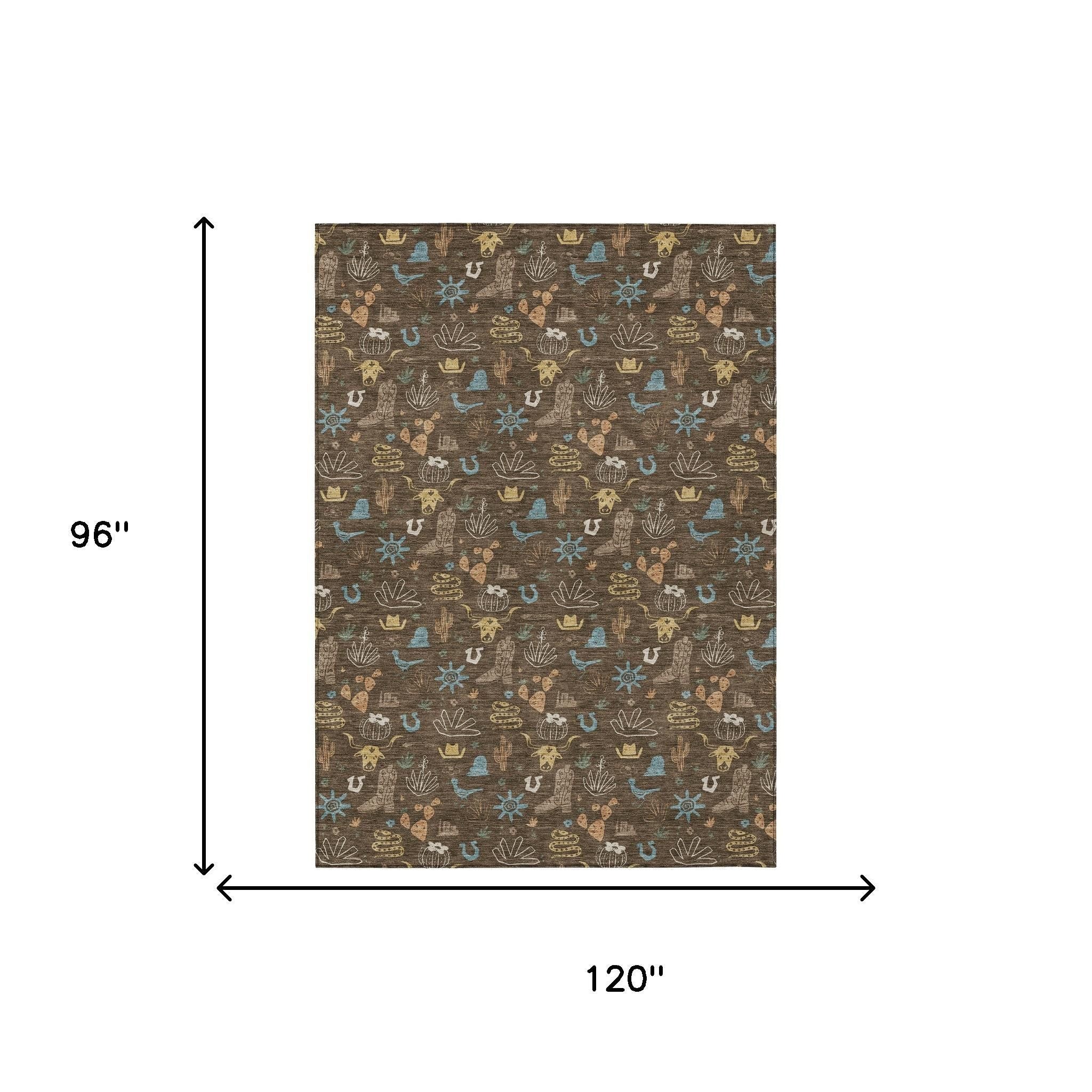 96 x 120 in brown cactus wash area rug with repeating desert icons in teal and tan