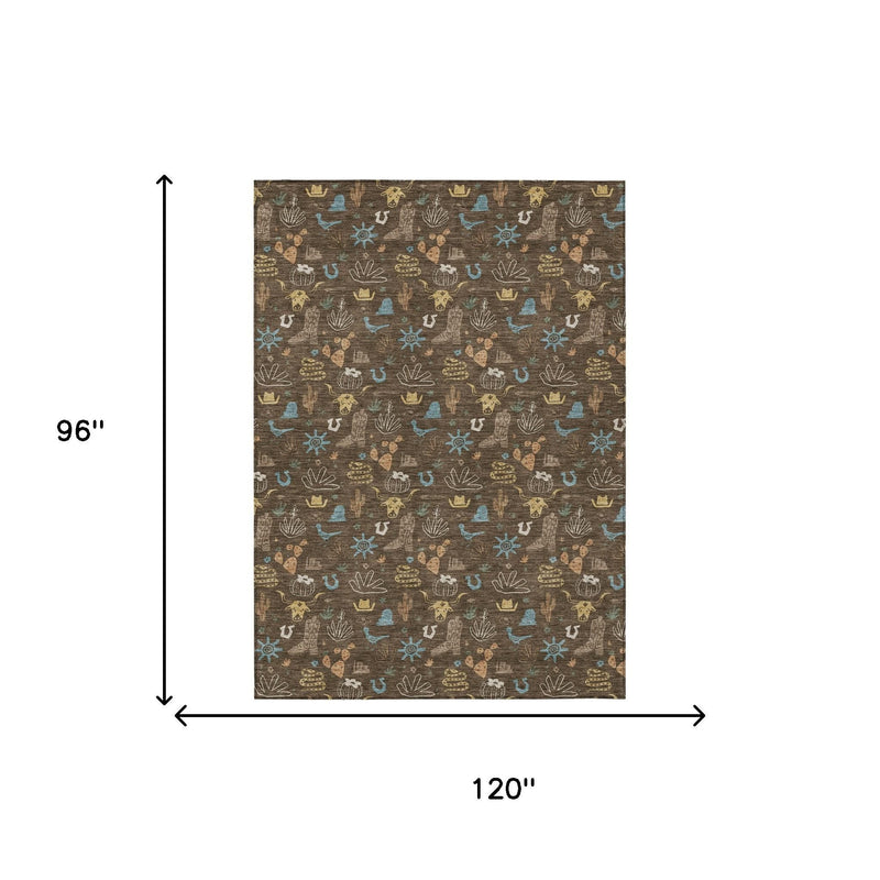 96 x 120 in brown cactus wash area rug with repeating desert icons in teal and tan