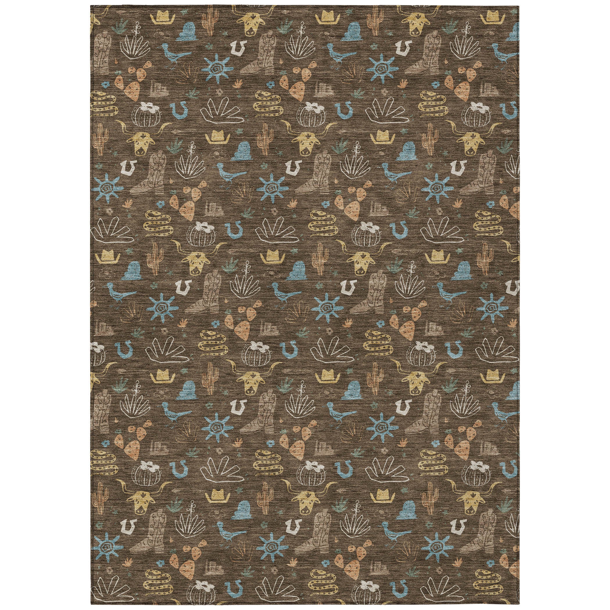 Full view brown area rug featuring repeating cactus, sun, and bird icons in teal and tan