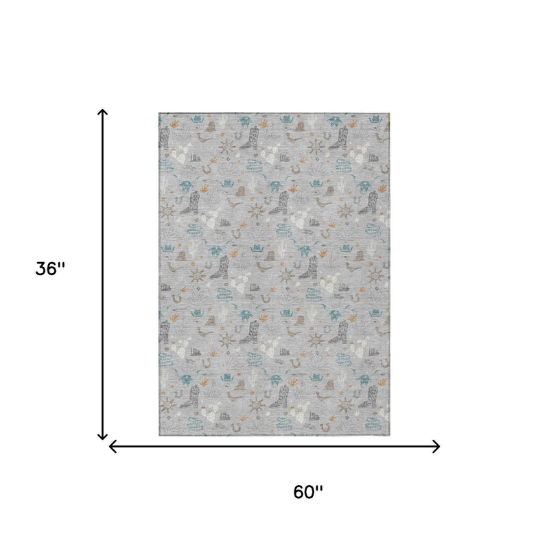3x5 ft area rug layout with light gray base and teal blue desert pattern
