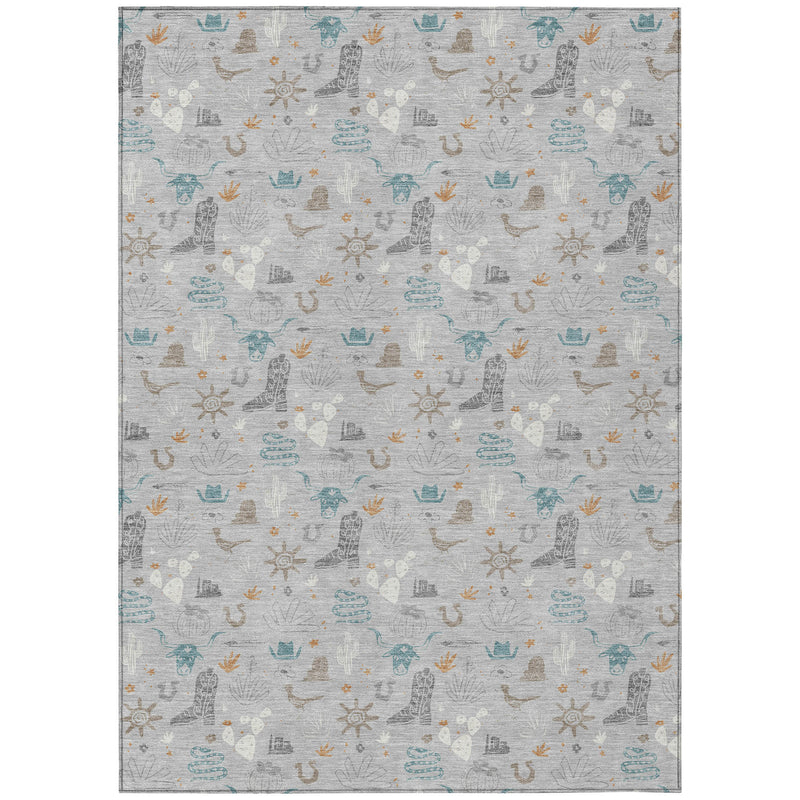 Light gray area rug featuring repeating teal blue and tan desert and cactus motifs