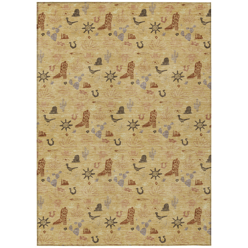 Tan rectangular area rug with repeating desert-themed icons in black, brown, and blue