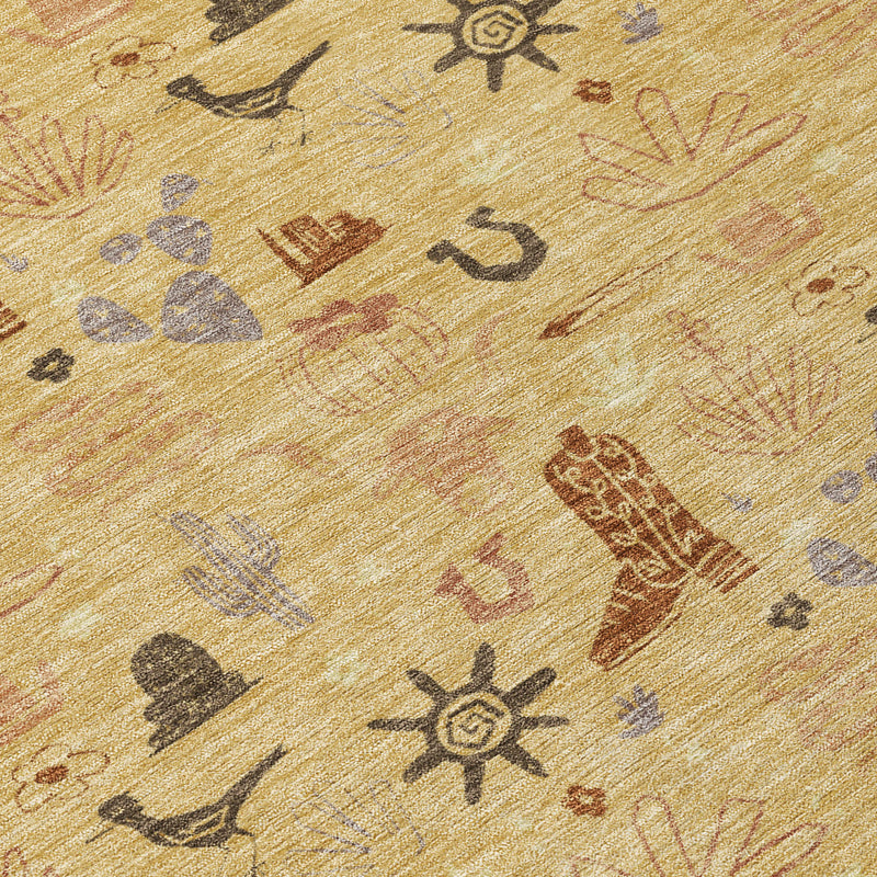 Textured tan area rug close-up with sun and animal icons in black, brown, and blue