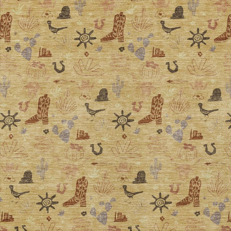 Close-up tan area rug with repeating black, brown, and blue symbols