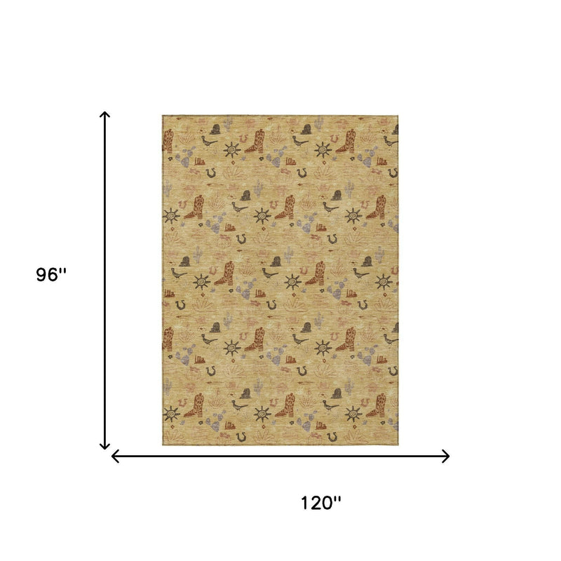 Rectangular area rug design with tan, blue, and brown desert motifs