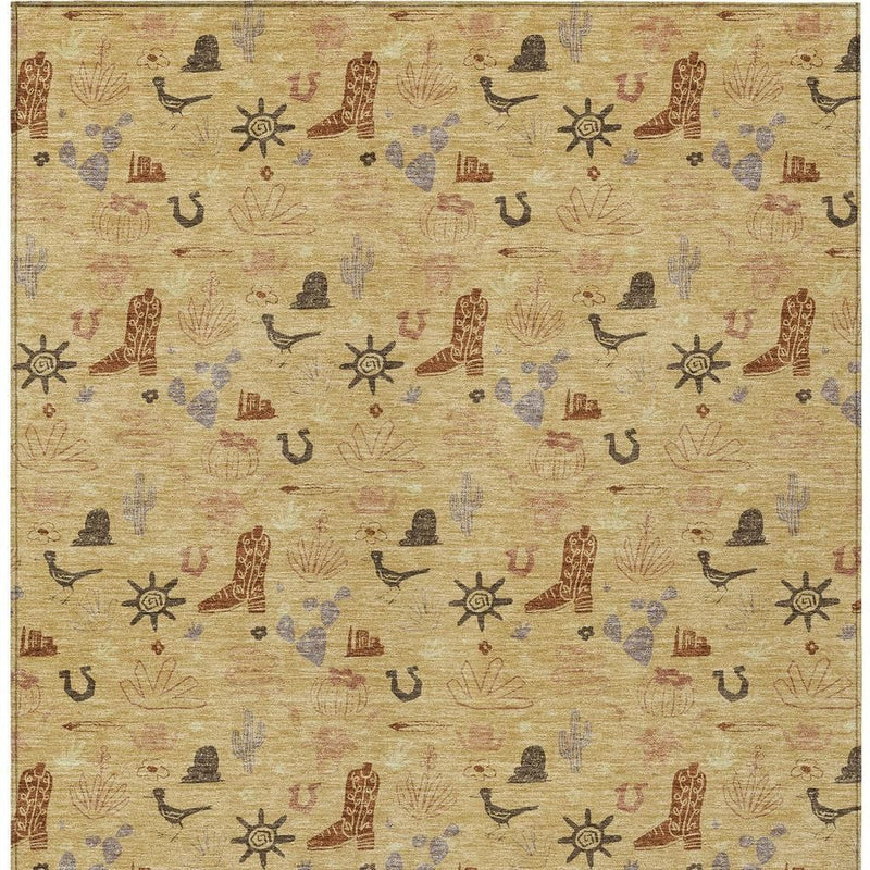 Tan rectangular area rug with repeating black, brown, and blue symbols and texture