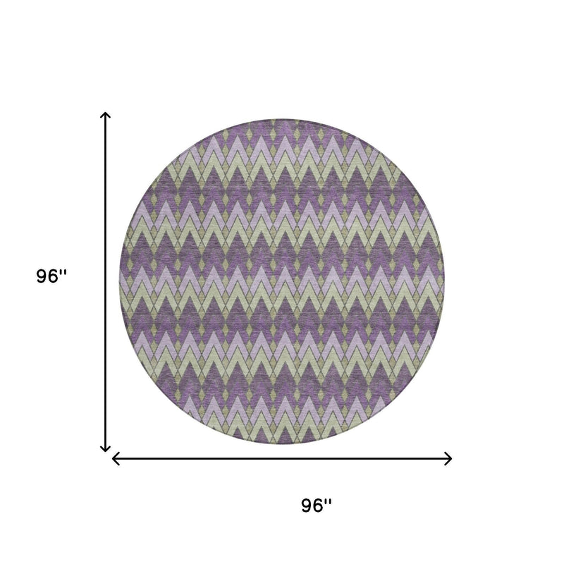 Round area rug, 96-inch diameter, purple and chevron geometric pattern