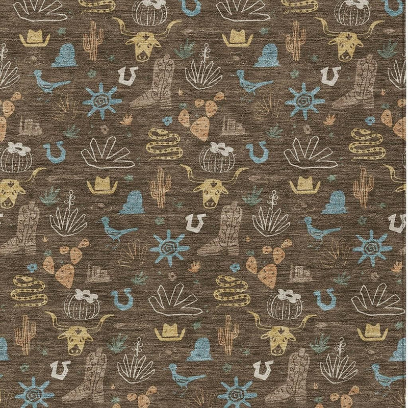 Dark brown area rug surface with small desert icons, including cacti and stars, in teal.