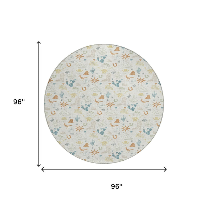 Round area rug with desert motif pattern, shown with 96 in diameter measurements