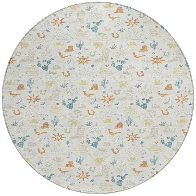 Round area rug full view with ivory background and blue cactus and sun icons
