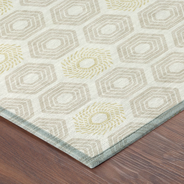 Light ivory area rug with geometric hexagon pattern and pale yellow rosette motifs