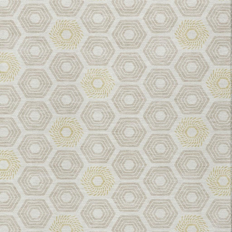 Ivory geometric area rug with repeating hexagon pattern and pale yellow rosettes