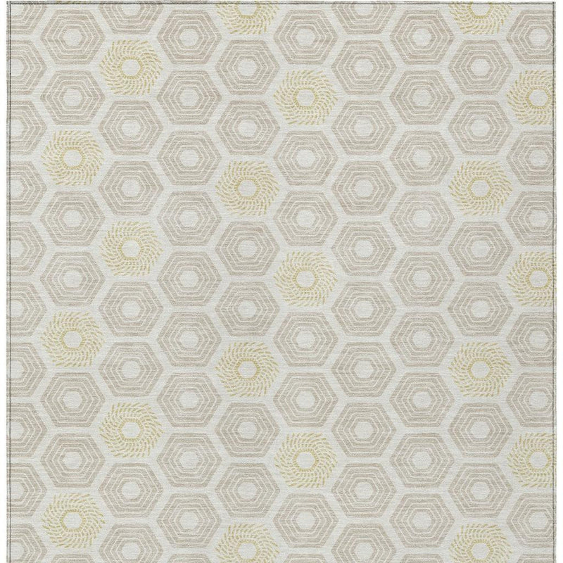 Beige-and-ivory geometric area rug with hexagon grid and pale yellow rosette motifs