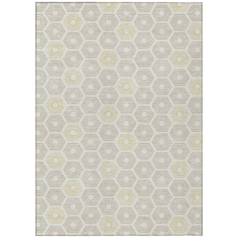 Ivory and beige geometric rug with hexagon lattice and pale yellow rosettes