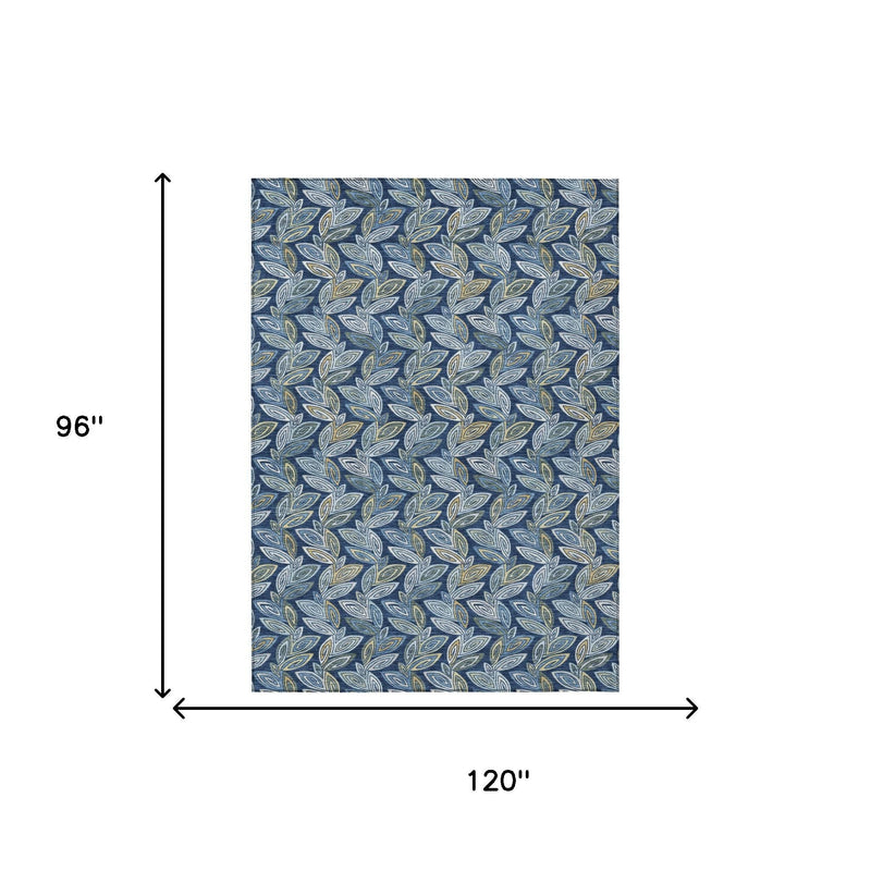 Navy blue rectangular area rug, leaf pattern; 96 in by 120 in size