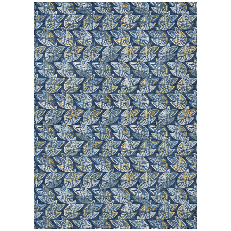 Rectangular navy blue rug with repeating blue botanical leaf pattern and gold accents
