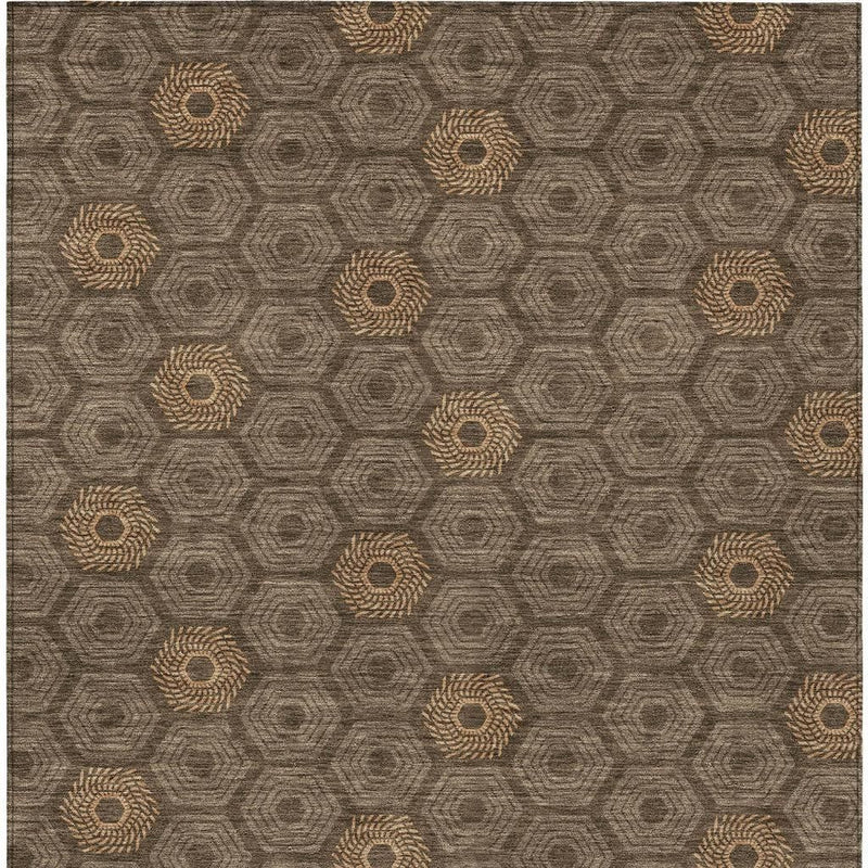 Geometric area rug top view, gray hexagon grid with tan circular medallion accents