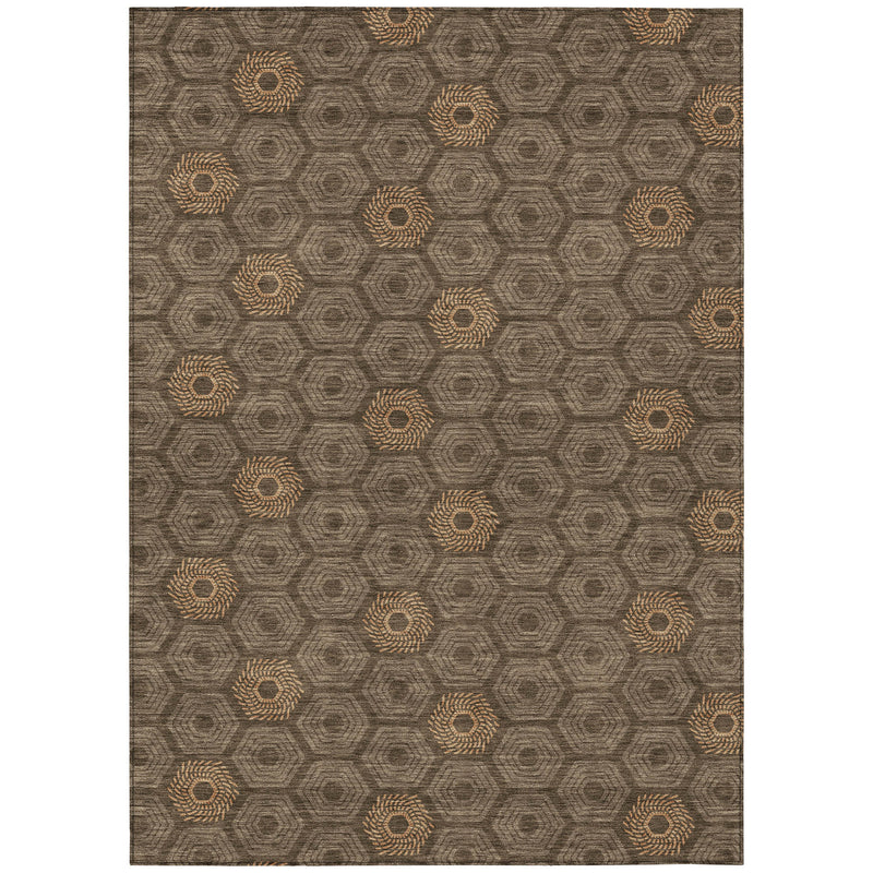 Geometric area rug, gray field with tan circular medallions on hexagon lattice design
