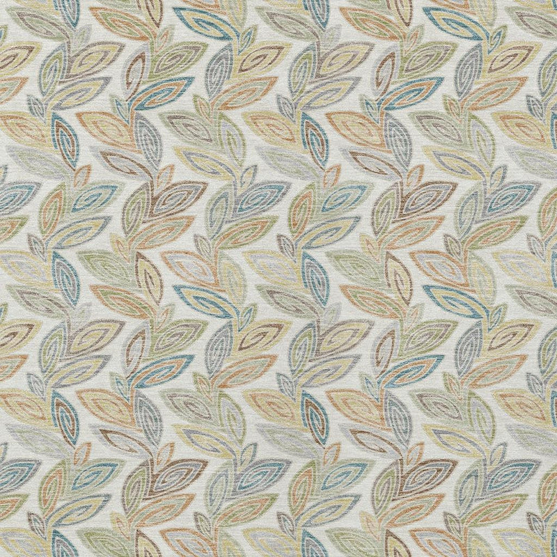 Botanical leaf area rug pattern view with ivory background and pastel blue, tan, green leaves