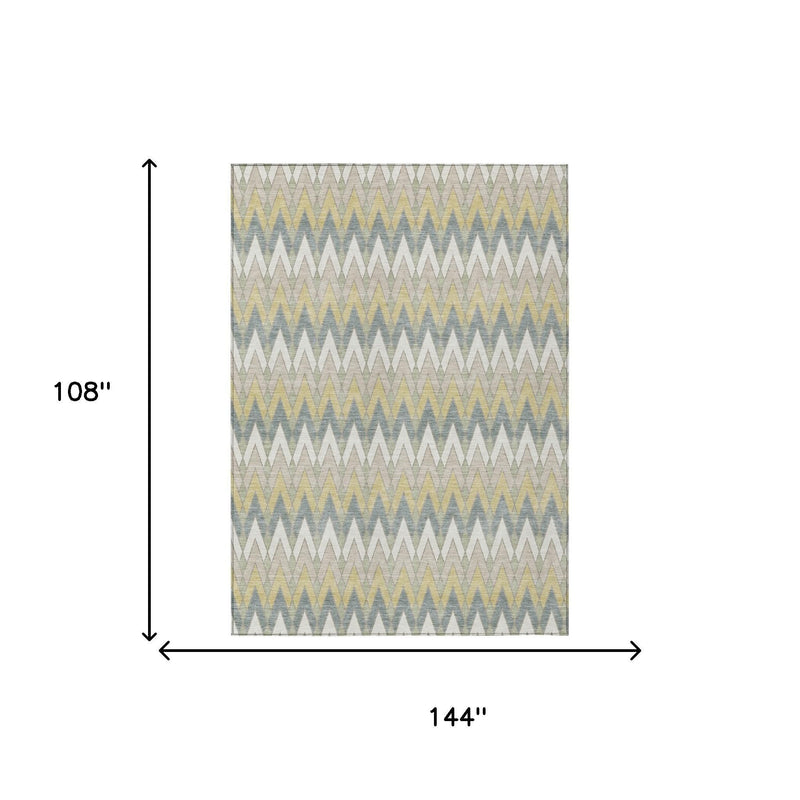 Geometric area rug, 108 in by 144 in, ivory base with blue and yellow zigzags