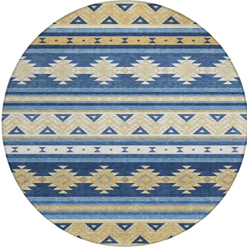 8' Navy Blue And Denim Blue Round Southwestern Washable Indoor Outdoor Area Rug - Outdoor | blocked-missing-media,…