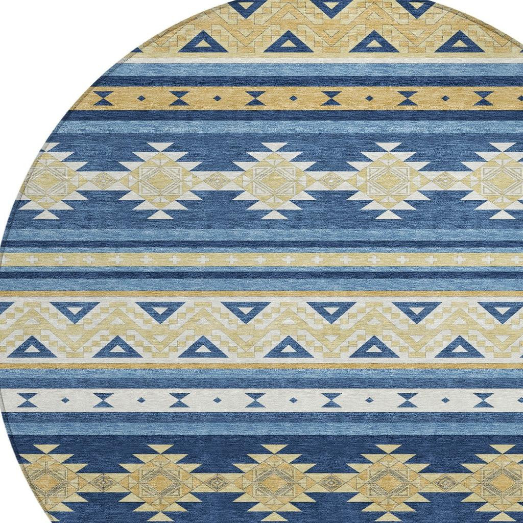 8' Navy Blue And Denim Blue Round Southwestern Washable Indoor Outdoor Area Rug - Outdoor | blocked-missing-media,…