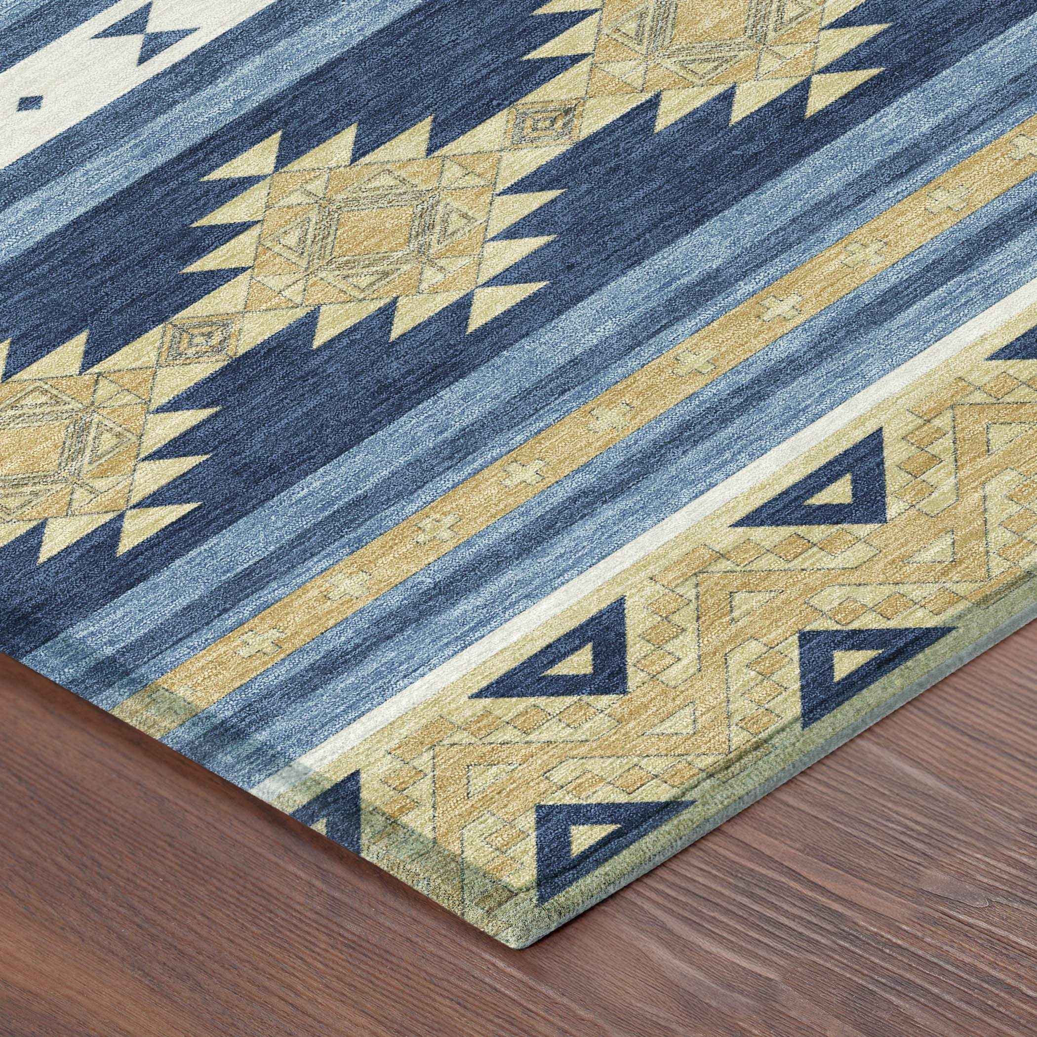 8' Navy Blue And Denim Blue Round Southwestern Washable Indoor Outdoor Area Rug - Outdoor | blocked-missing-media,…