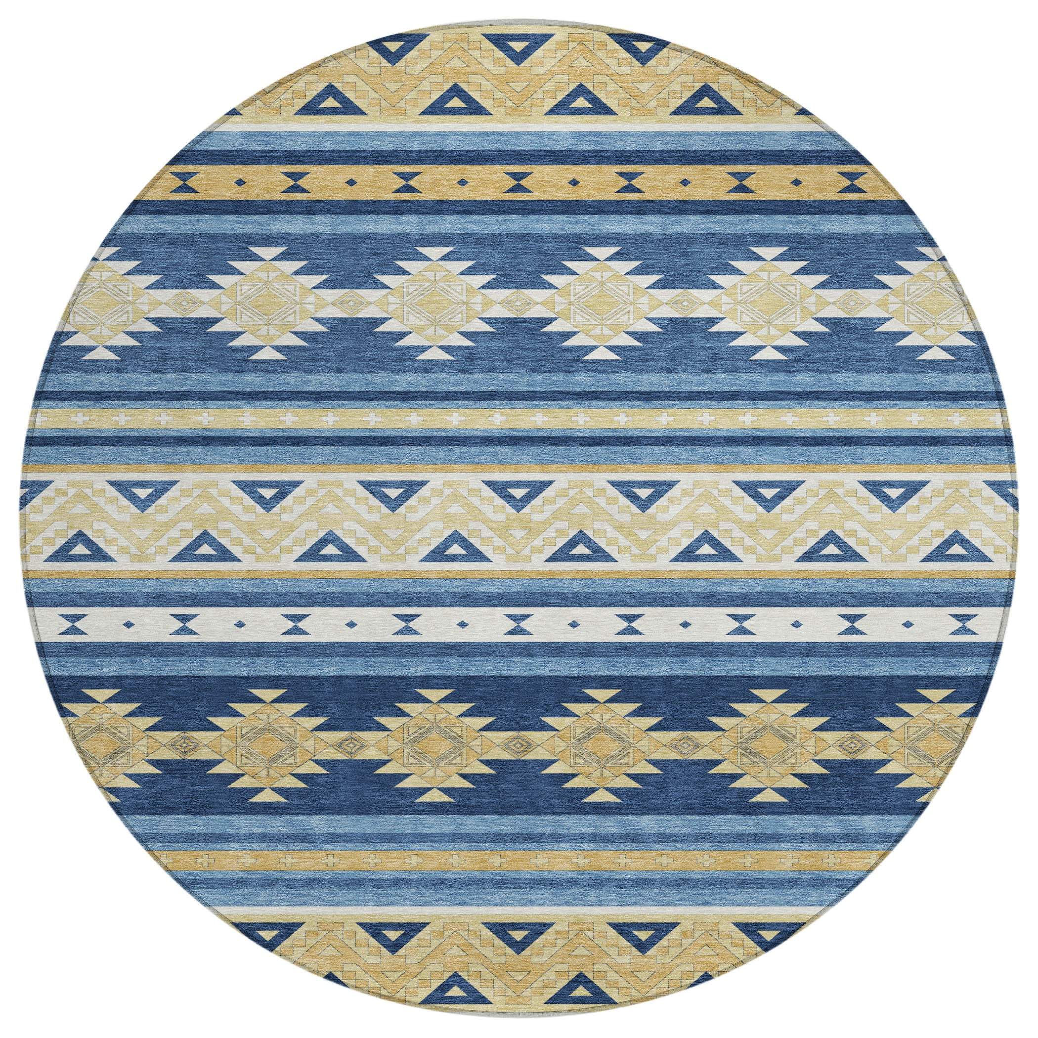8' Navy Blue And Denim Blue Round Southwestern Washable Indoor Outdoor Area Rug - Outdoor | blocked-missing-media,…