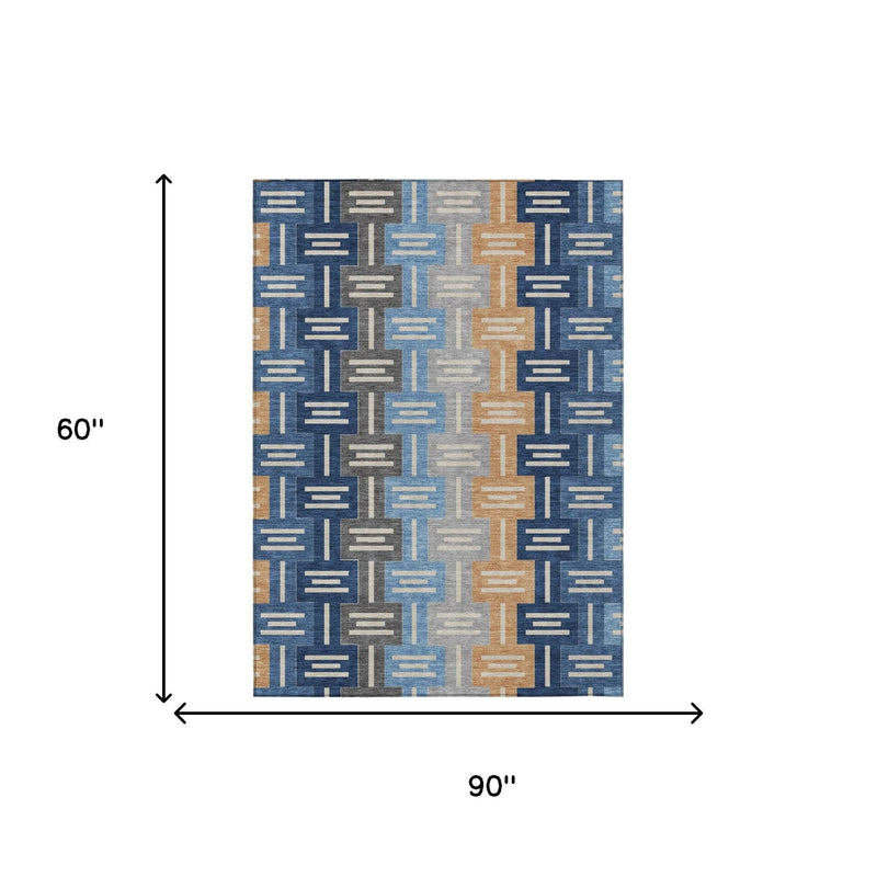 Rectangular area rug with navy, blue, tan, and gray geometric bar pattern; 90 x 60 in.