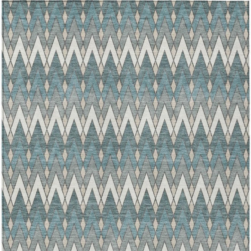 Teal blue and ivory geometric chevron area rug, full pattern view