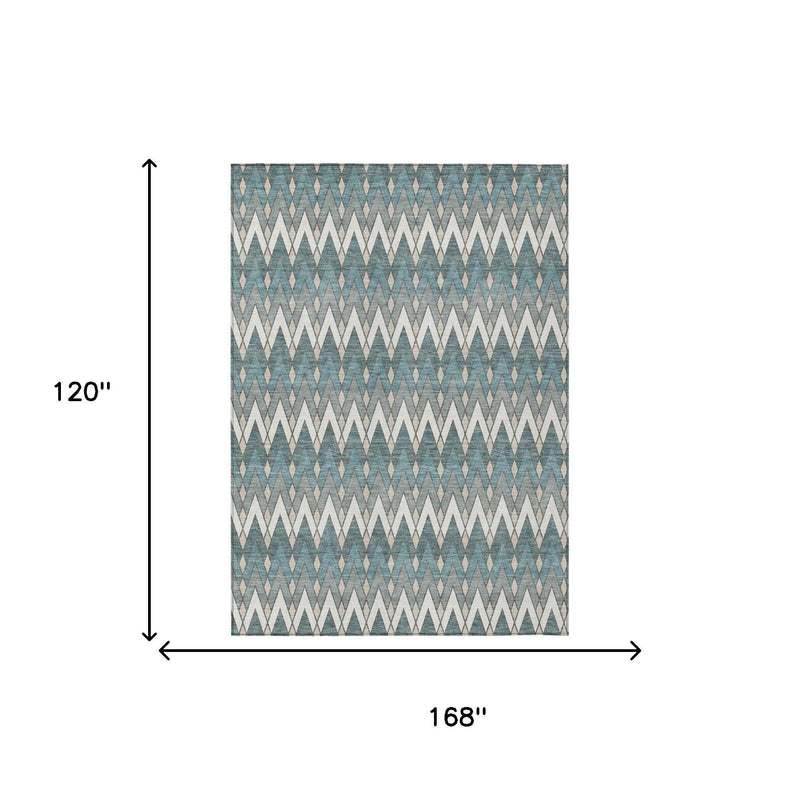 Teal blue and ivory geometric area rug with size diagram, 168x120 in